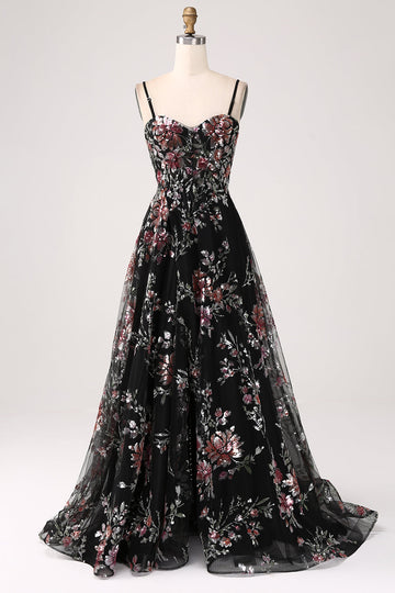 Vestido de fiesta largo largo con lentejuelas de flores de línea A negro